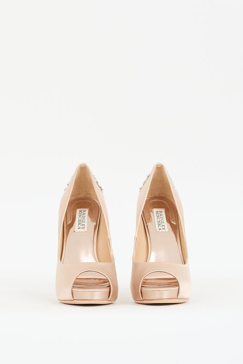 Badgley Mischka Beige Satin Embellished Peep Toe Heel
