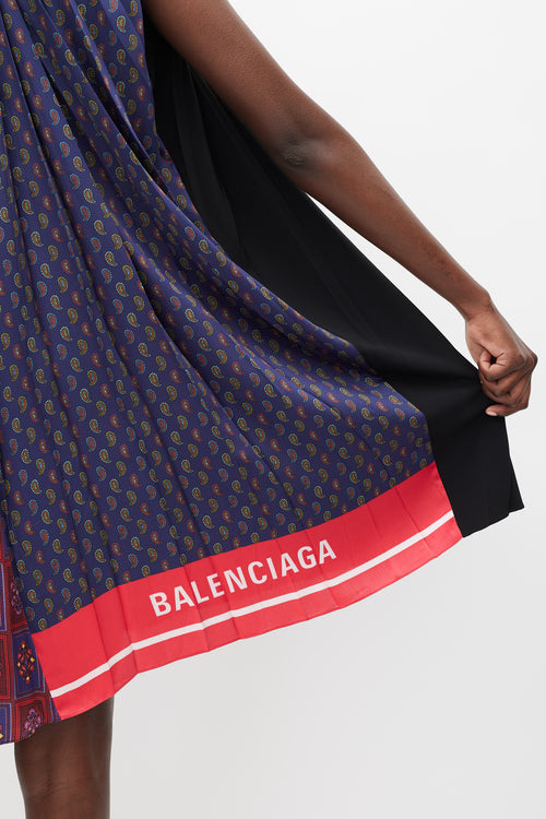 Balenciaga 2019 Black & Multicolour Printed Asymmetric Pleated Dress