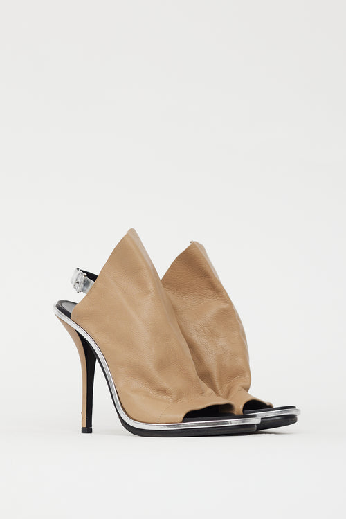 Balenciaga Beige & Silver Leather Glove Peep Toe Heel