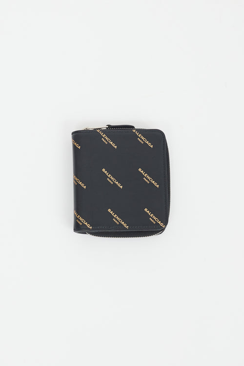 Balenciaga Black & Gold Logo Printed Zip Wallet