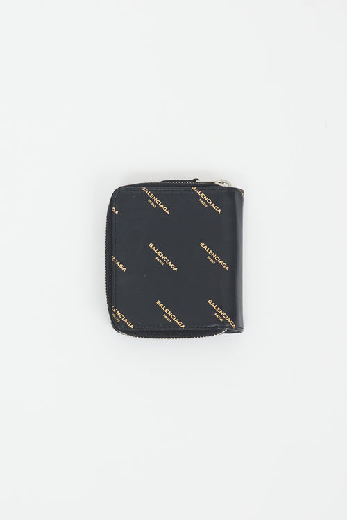 Balenciaga Black & Gold Logo Printed Zip Wallet
