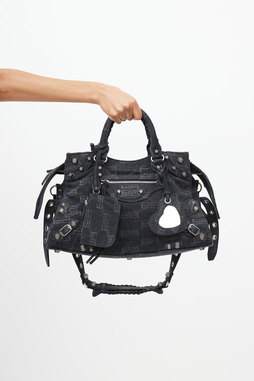Balenciaga Black & Grey No Cagole BB Monogram Handbag