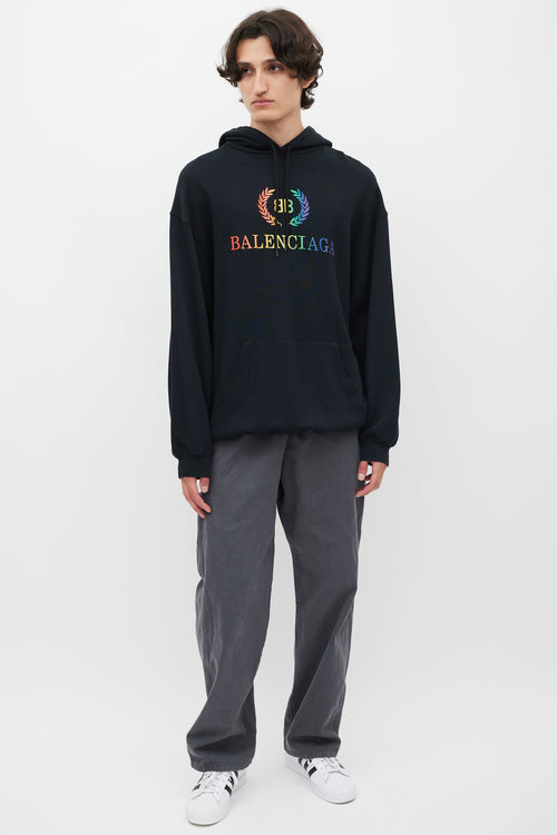 Balenciaga Black & Multicolour Embroidered Logo Hoodie