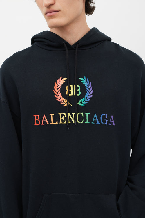 Balenciaga Black & Multicolour Embroidered Logo Hoodie