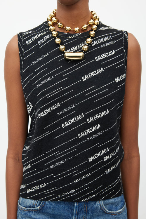 Balenciaga Black & White Woven Logo Wool Vest