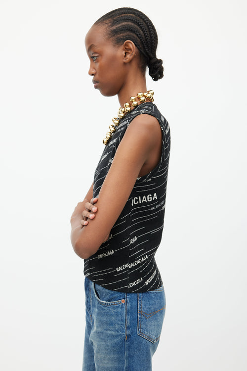 Balenciaga Black & White Woven Logo Wool Vest