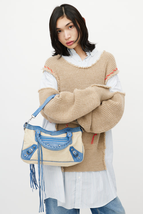 Balenciaga Blue & Beige Linen Motocross First Shoulder Bag