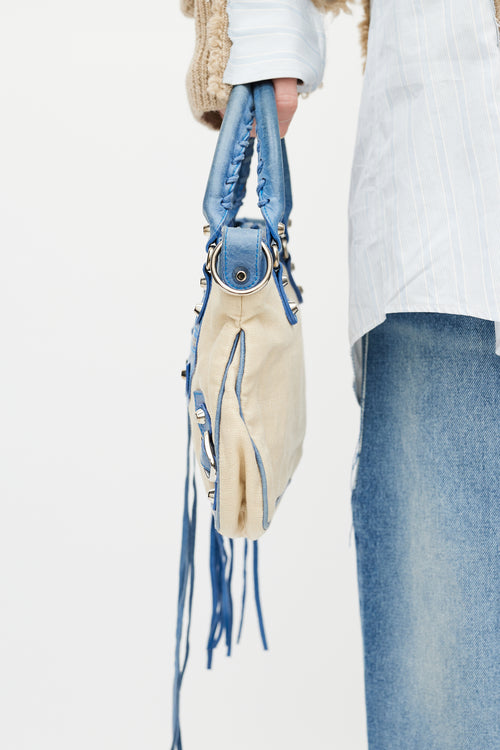 Balenciaga Blue & Beige Linen Motocross First Shoulder Bag