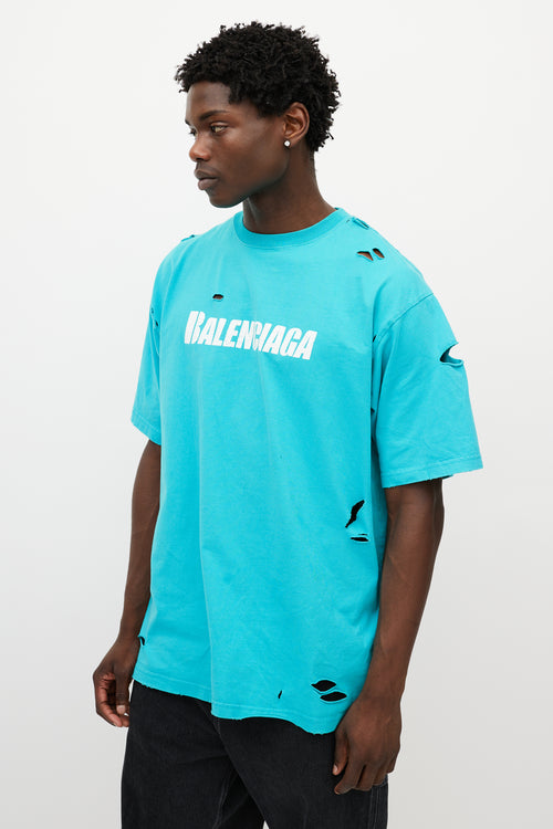 Balenciaga Blue & White Distressed Oversized Logo T-Shirt