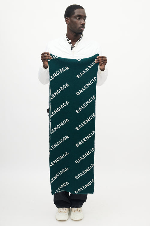 Balenciaga Green & Cream Knit Logo Scarf
