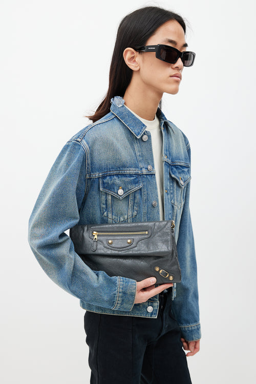 Balenciaga Grey & Gold Motocross Giant Leather Clutch