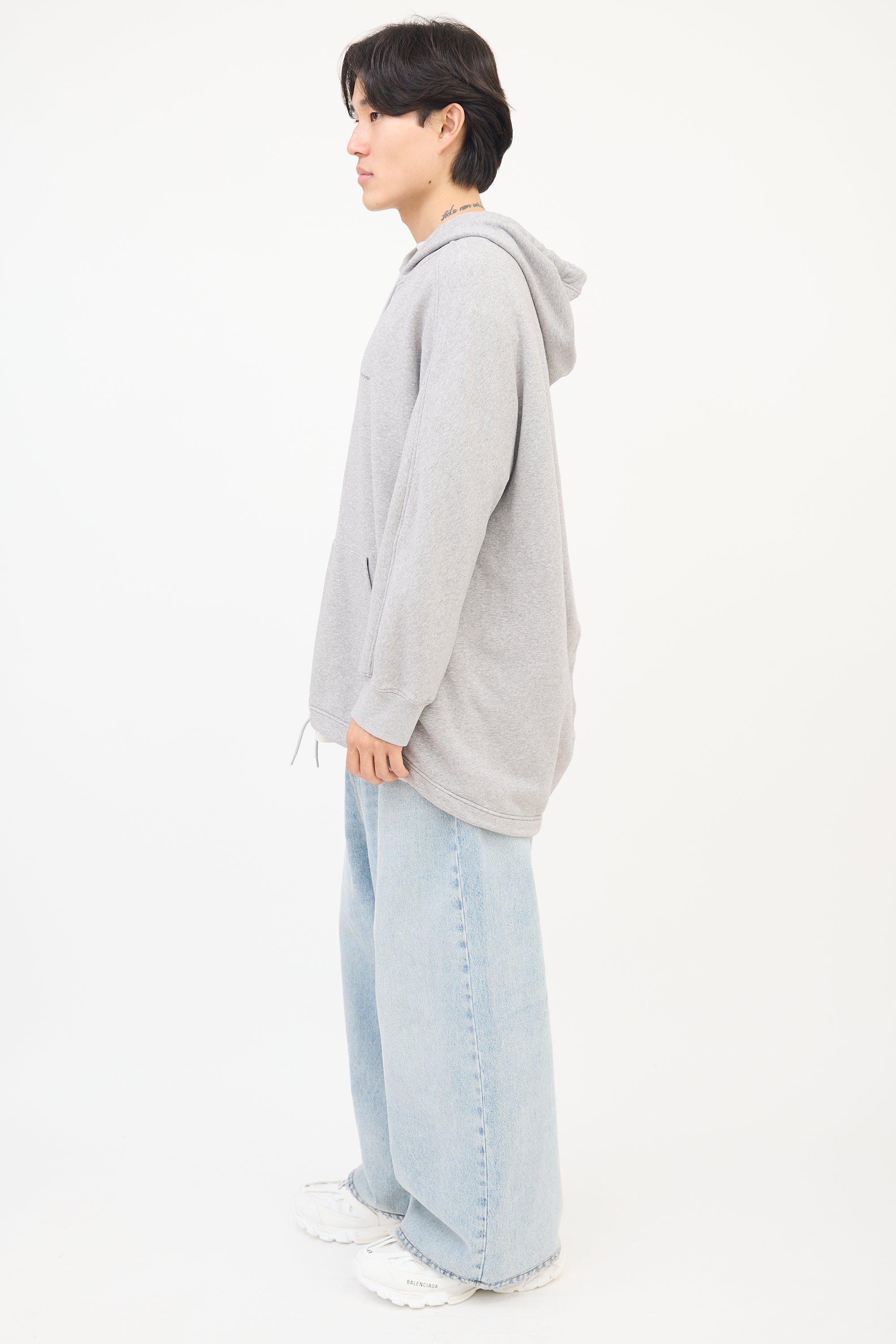 Balenciaga Heather Grey Oversized Drawstring Logo Hoodie