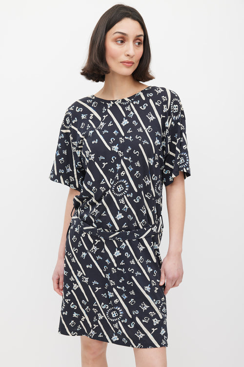 Balenciaga Navy & Cream Lettered Belted Dress