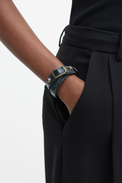 Balenciaga Navy & Gunmetal Moto Leather Wrap Bracelet