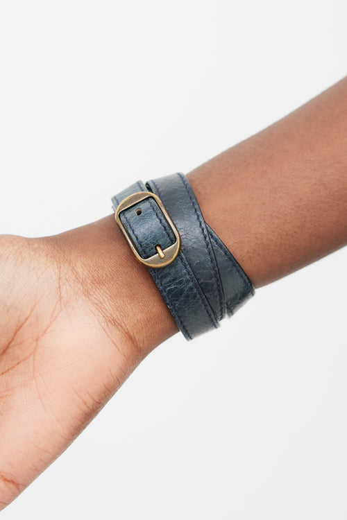 Balenciaga Navy & Gunmetal Moto Leather Wrap Bracelet