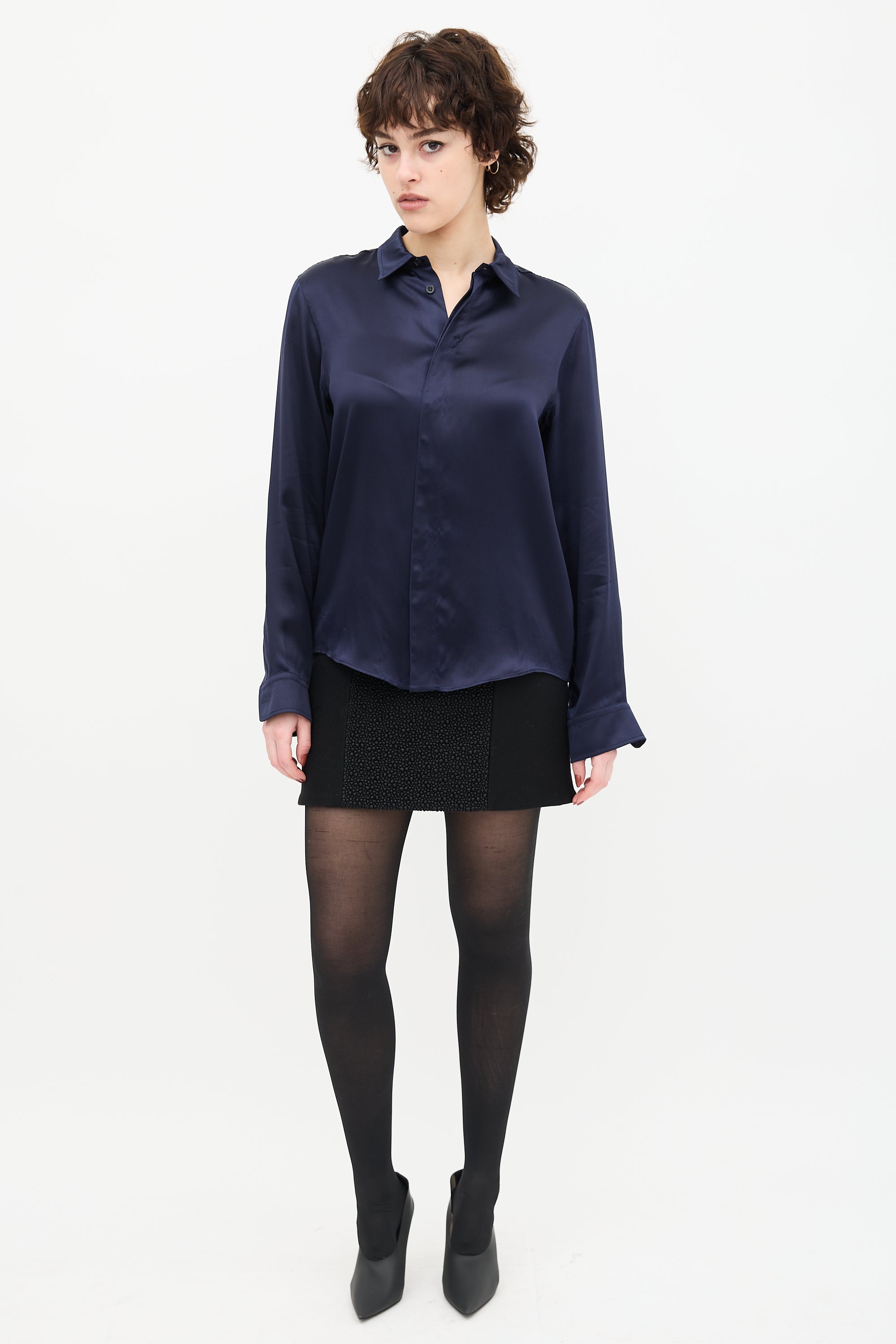 Balenciaga Navy Silk Button Up Blouse
