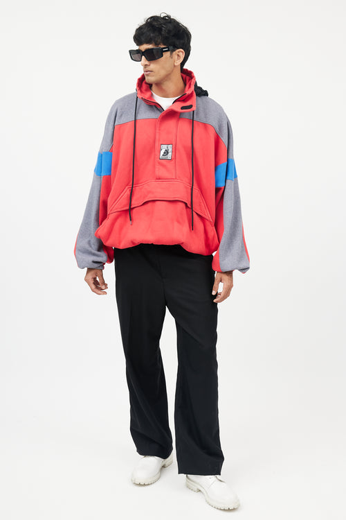 Balenciaga Red & Grey Half Zip Logo Hoodie