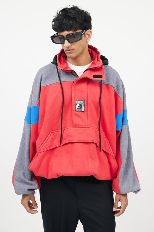 Balenciaga Red & Grey Half Zip Logo Hoodie