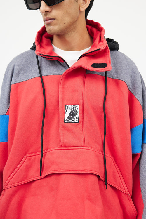 Balenciaga Red & Grey Half Zip Logo Hoodie