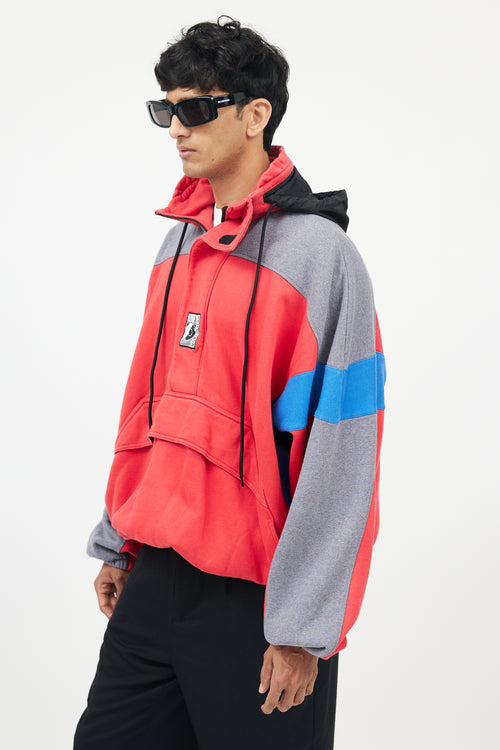 Balenciaga Red & Grey Half Zip Logo Hoodie