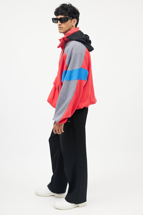 Balenciaga Red & Grey Half Zip Logo Hoodie