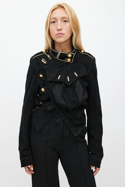 Balenciaga Spring 2005 Black & Gold Suede Asymmetrical Military Jacket
