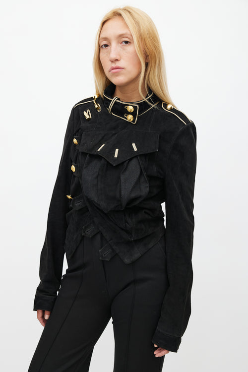 Balenciaga Spring 2005 Black & Gold Suede Asymmetrical Military Jacket