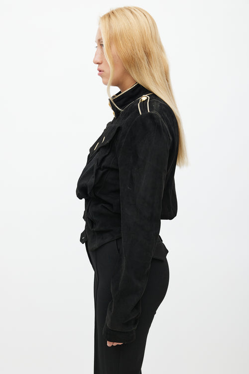 Balenciaga Spring 2005 Black & Gold Suede Asymmetrical Military Jacket