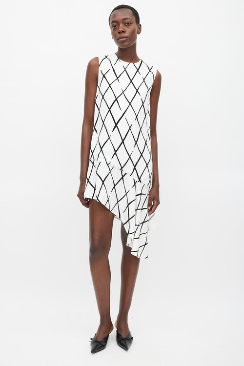 Balenciaga White & Black Argyle Printed Asymmetric Dress