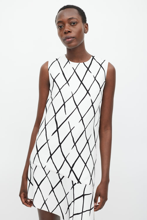 Balenciaga White & Black Argyle Printed Asymmetric Dress