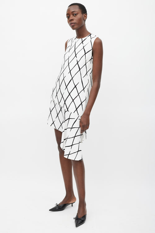 Balenciaga White & Black Argyle Printed Asymmetric Dress