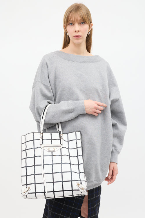Balenciaga White & Black Leather Papier Ledger Tote