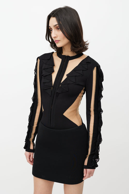 Balmain Black & Beige Mesh Ruffled Bodysuit