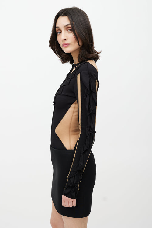 Balmain Black & Beige Mesh Ruffled Bodysuit