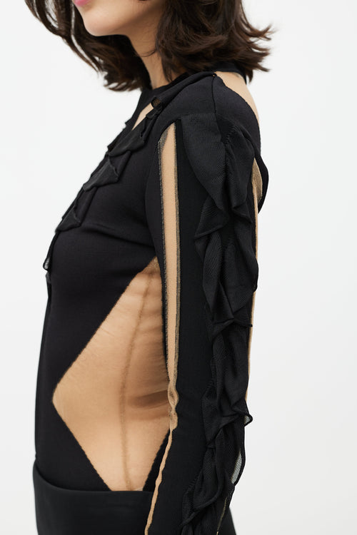 Balmain Black & Beige Mesh Ruffled Bodysuit