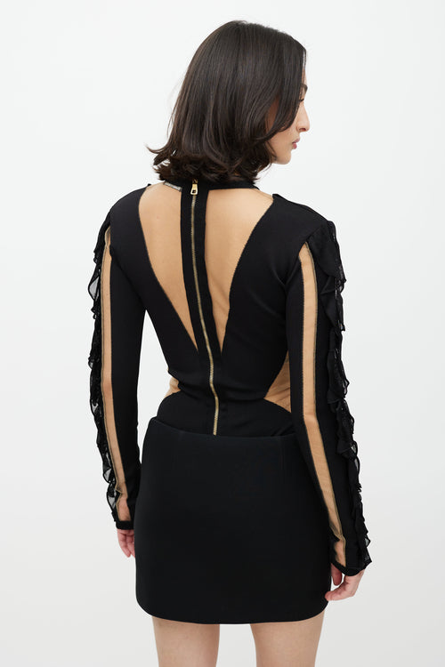 Balmain Black & Beige Mesh Ruffled Bodysuit