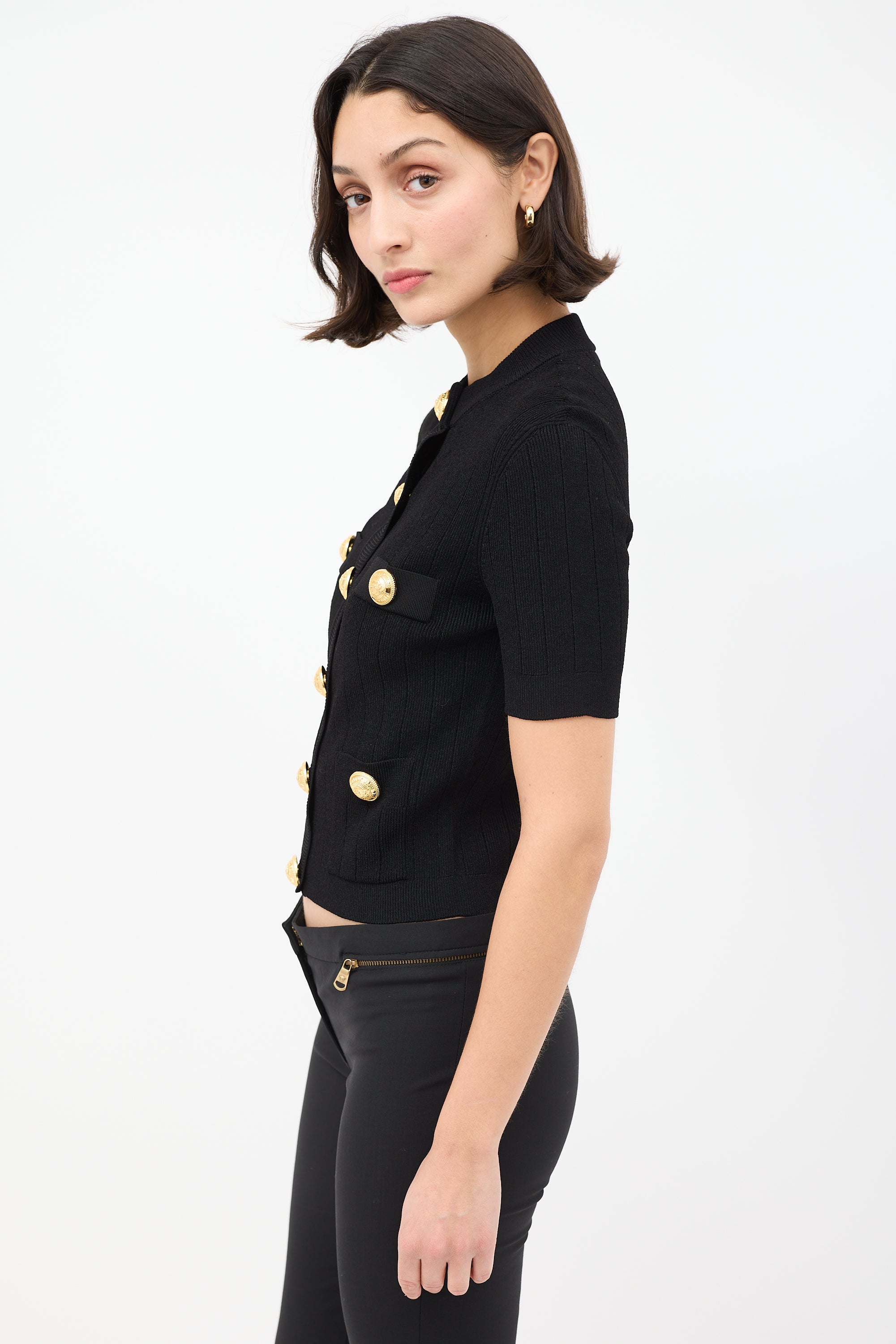 Balmain Black & Gold Buttoned Short Sleeve Cardigan