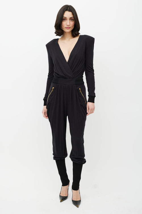 Balmain Black & Gold Wool Jumpsuit