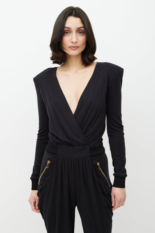 Balmain Black & Gold Wool Jumpsuit