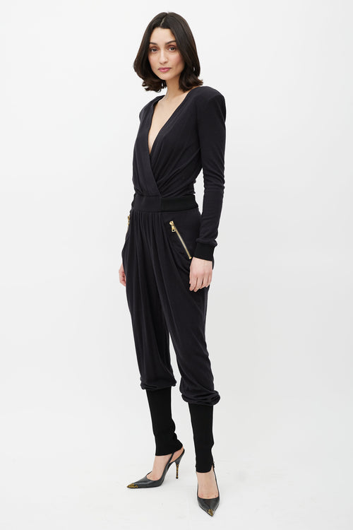 Balmain Black & Gold Wool Jumpsuit