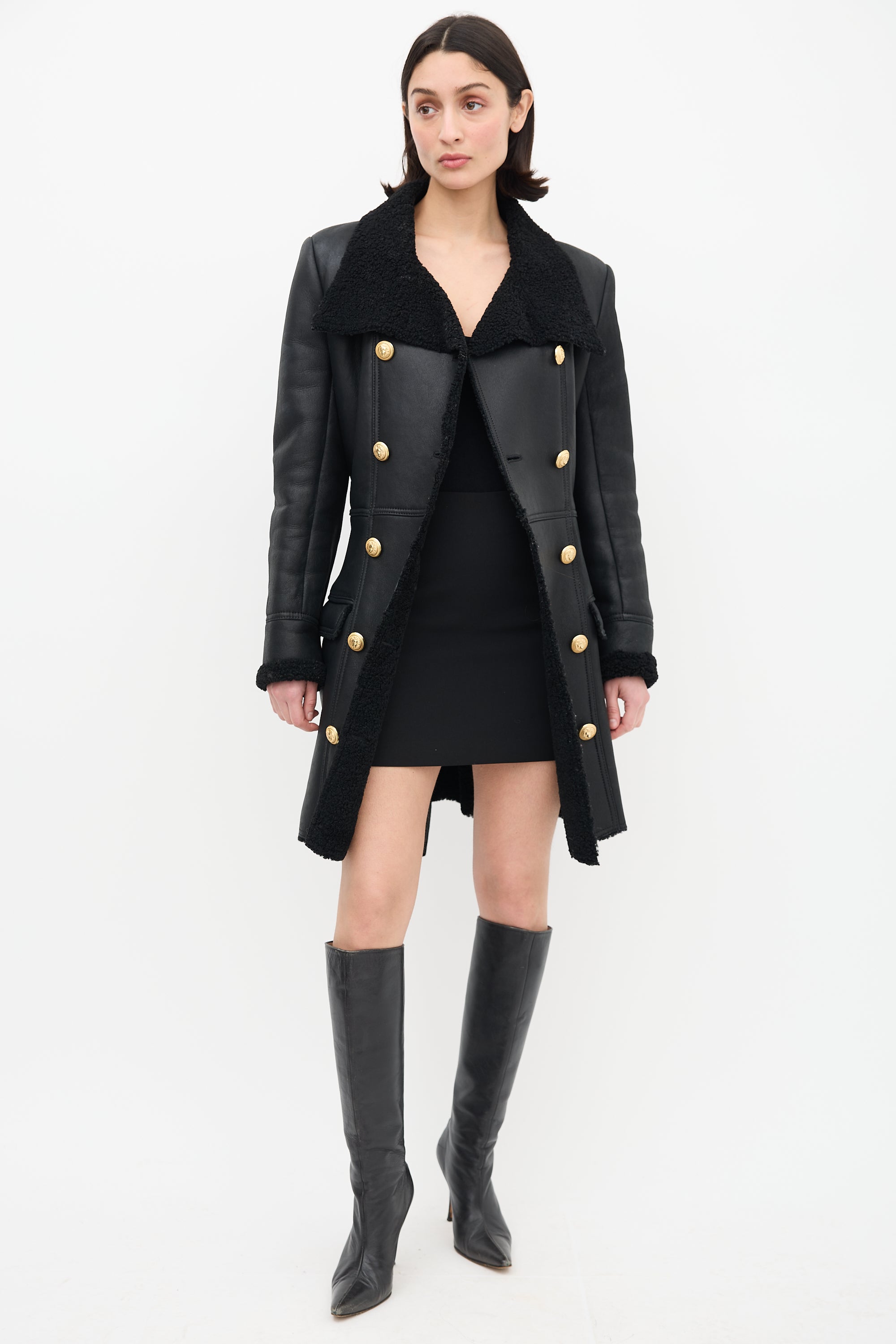Balmain Black Leather & Shearling Coat