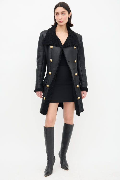 Balmain Black Leather & Shearling Coat