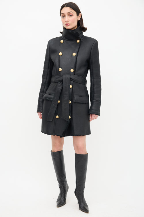 Balmain Black Leather & Shearling Coat