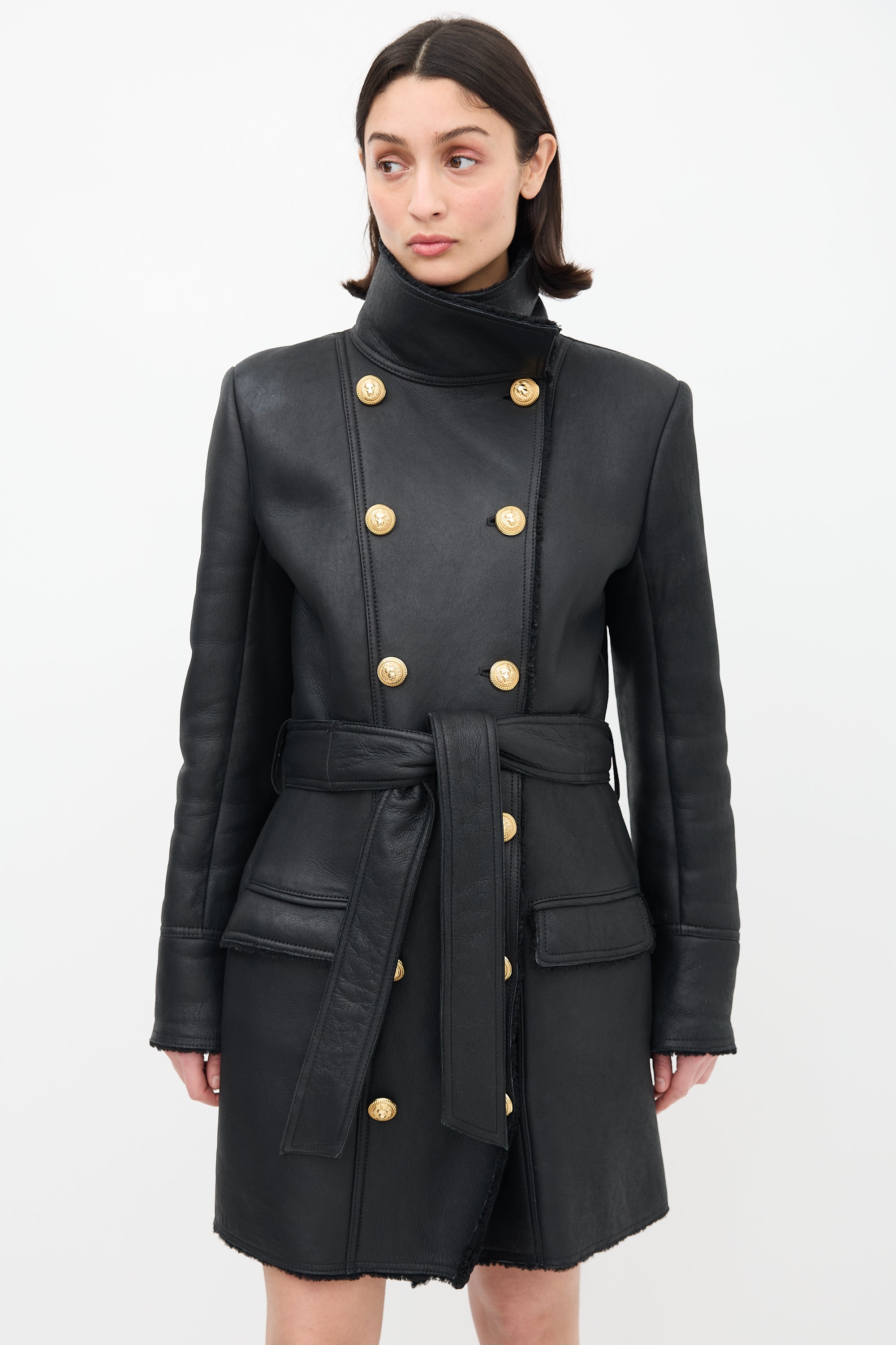 Balmain Black Leather & Shearling Coat