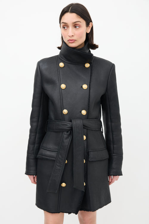 Balmain Black Leather & Shearling Coat