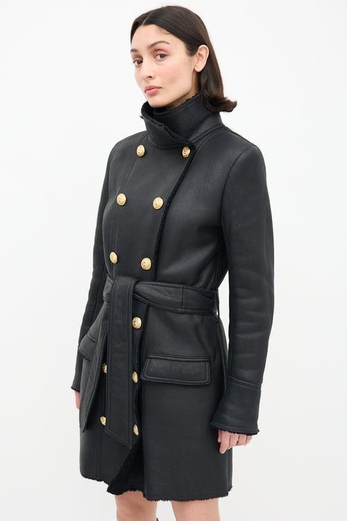 Balmain Black Leather & Shearling Coat