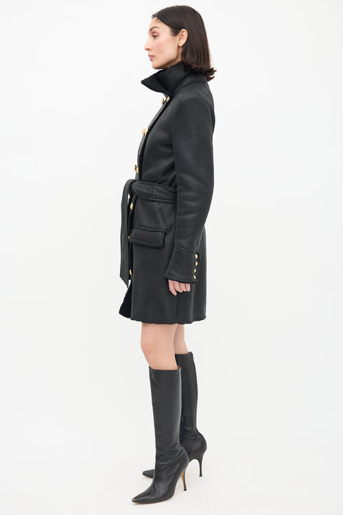 Balmain Black Leather & Shearling Coat
