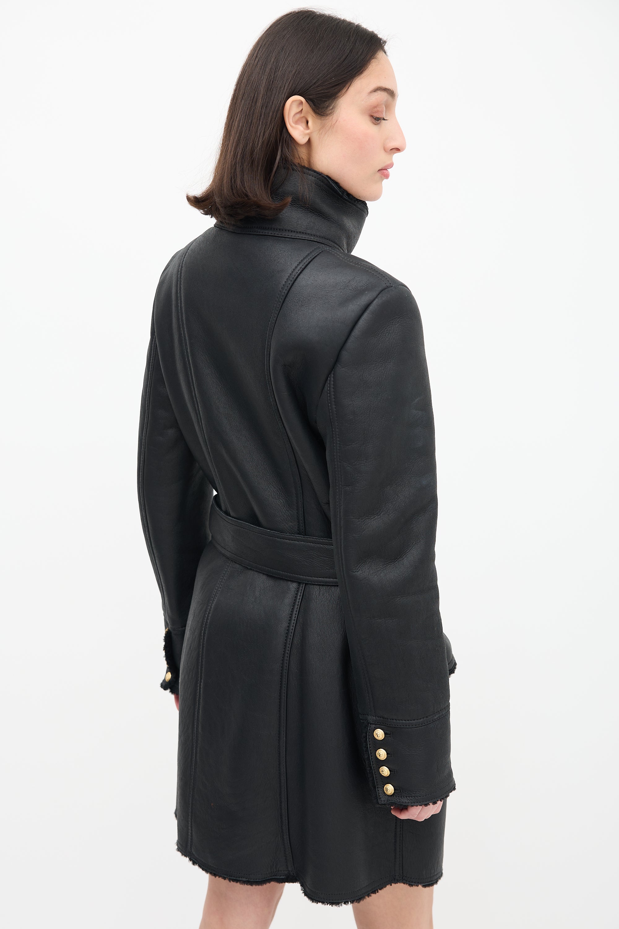 Balmain Black Leather & Shearling Coat