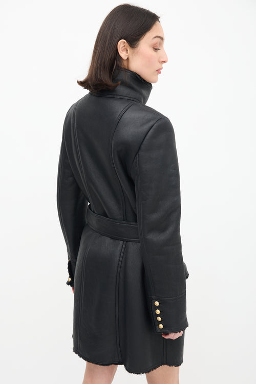 Balmain Black Leather & Shearling Coat