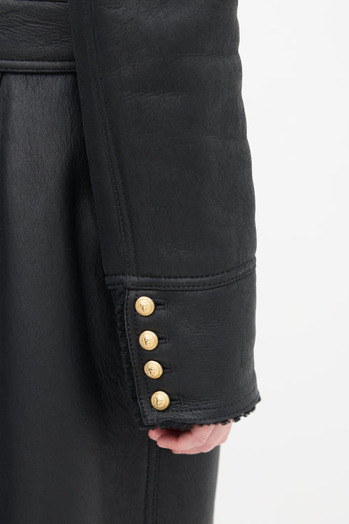 Balmain Black Leather & Shearling Coat